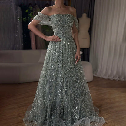 Luxury Beaded Champagne Off-Shoulder Evening Dress LA72738