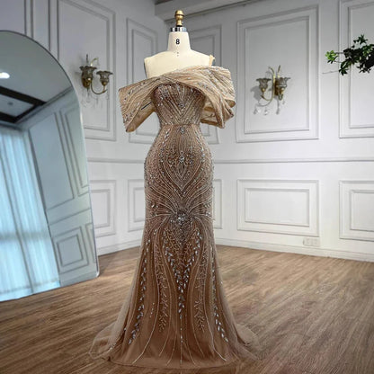 Luxury Silver Nude Off Shoulder Mermaid Evening Dress LA72878