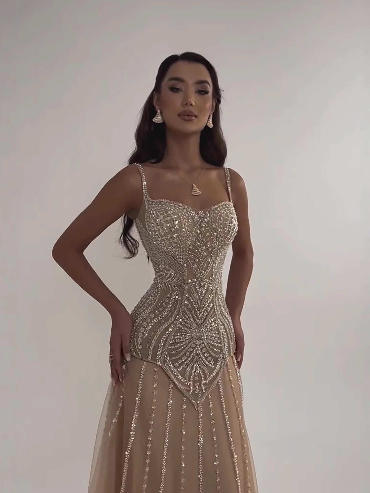 Luxury Nude Beaded A-Line Evening Dress for Women Party LA73189A