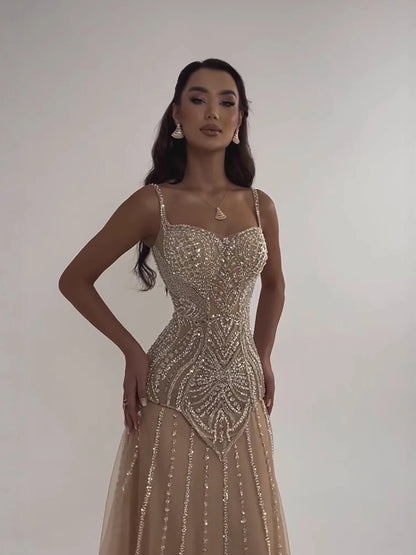 Luxury Nude Beaded A-Line Evening Dress for Women Party LA73189A