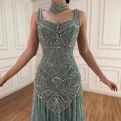 فستان سهرة فاخر مطرز بالخرز على الطراز العربي باللون الفيروزي LA73189B