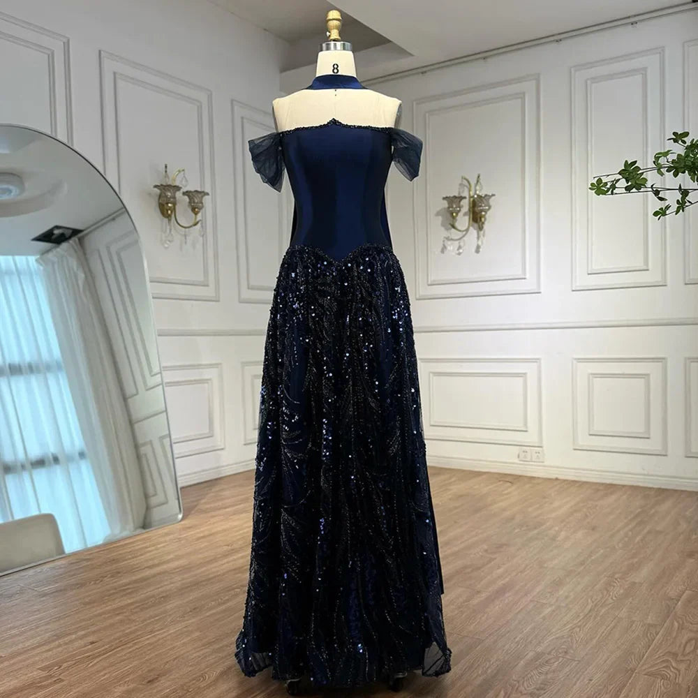 Luxury Arabic Navy A-Line Evening Dress with Beaded LA73050