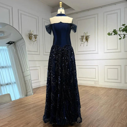 Luxury Arabic Navy A-Line Evening Dress with Beaded LA73050