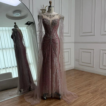 Luxury Pink Beaded Mermaid Evening Dress with Cape LA73106