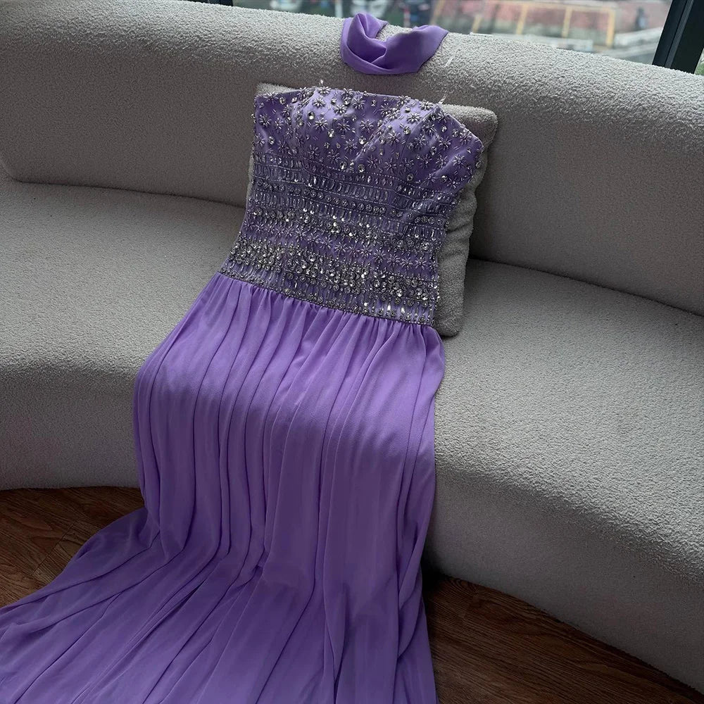 Lilac   Beaded A Line Arabic Evening Dress LA73044