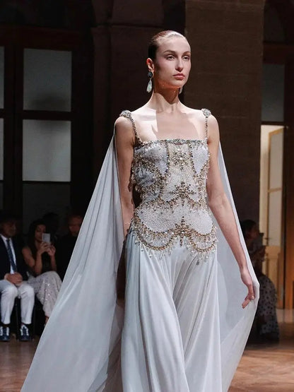 Luxury White Chiffon Cape Evening Dress with Beaded Bodice LA73123