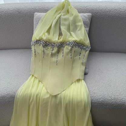 Luxury Designer Sage Green Chiffon Halter Beaded   Evening Dress LA73074