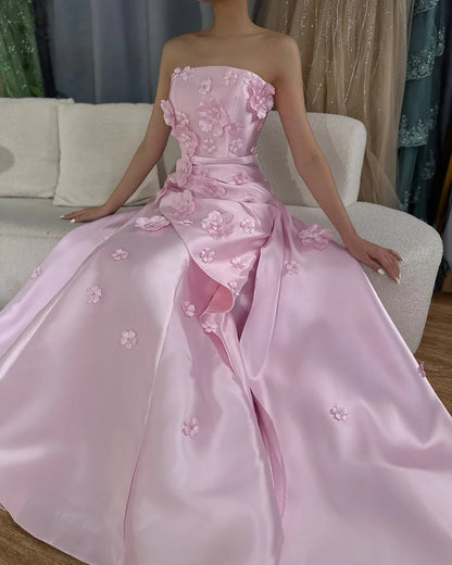 Luxury Dubai  Saudi Pink Ruched Appliques Satin Mermaid Evening Dress Gown Lace-Up Back for Formal Occasion LA72740