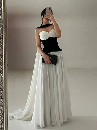 Chic Black and White Strapless A-Line Prom Dress LA73048