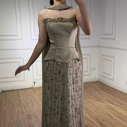 Luxury Caramel Satin Beaded Evening Dress with Corset Bodice LA72805C
