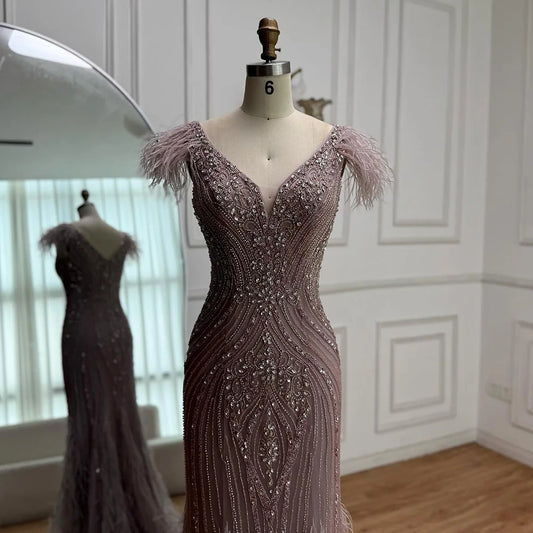 Luxury Designer  Pink Feather Beaded  Mermaid Evening Dress LA73098
