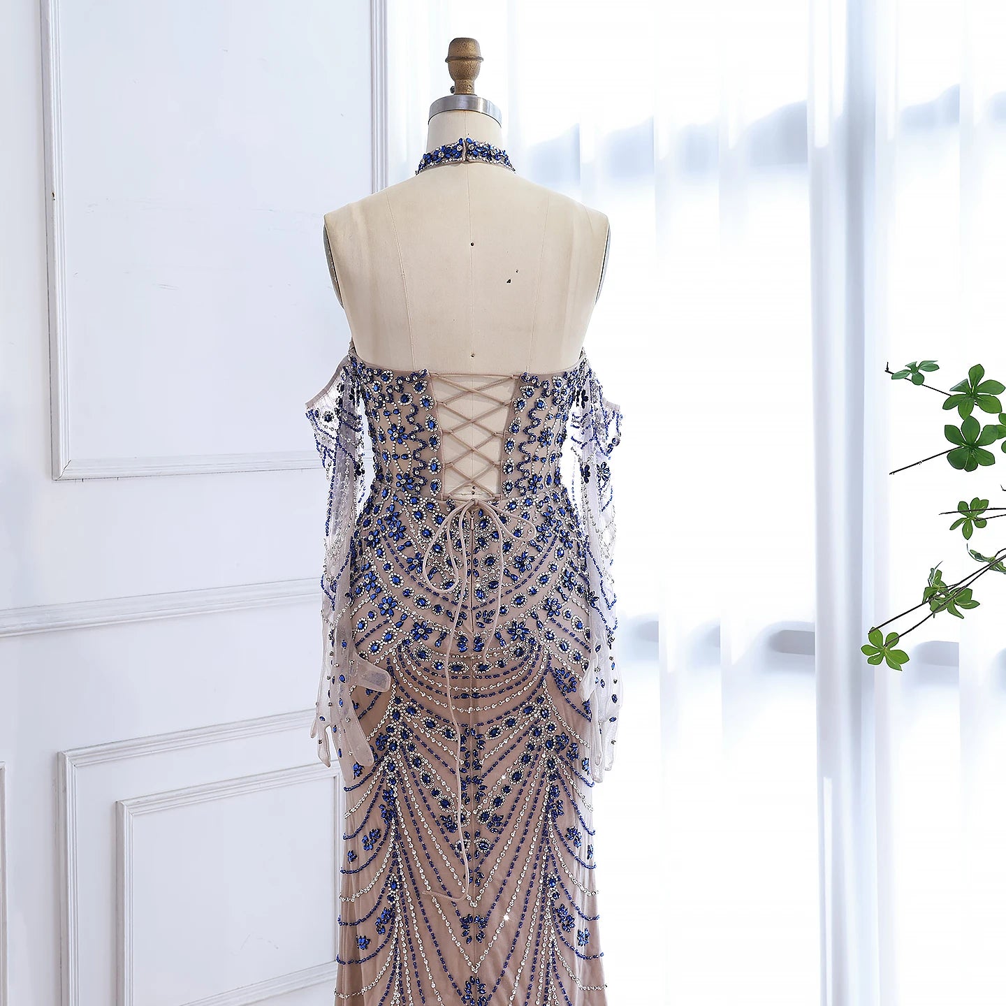 Luxury Kosovo Blue Evening Dress With Gloves LA72760C