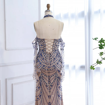 Luxury Kosovo Blue Evening Dress With Gloves LA72760C