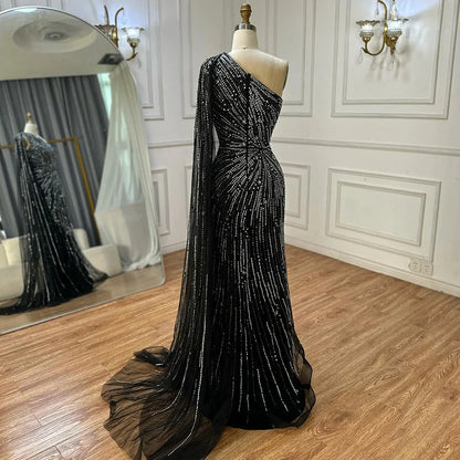 Luxury Black One Shoulder Mermaid Evening Dress with High Slit LA72829