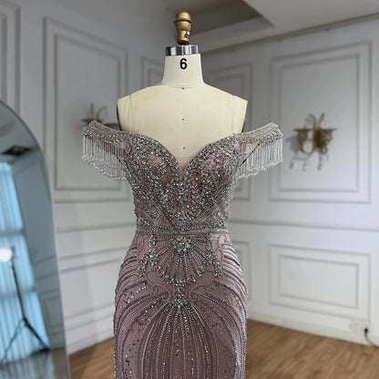 Luxury Pink Crystal Tassel Off Shoulder Evening Dress Dubai LA73204