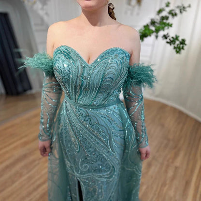 Luxury Arabic Nude Mermaid High Split Feather Beaded Evening Dress LA71910