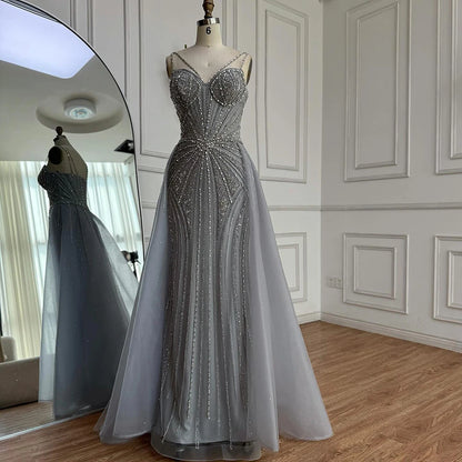 Luxury Nude Spaghetti Strap Mermaid Evening Dress with Overskirt Beaded LA73090