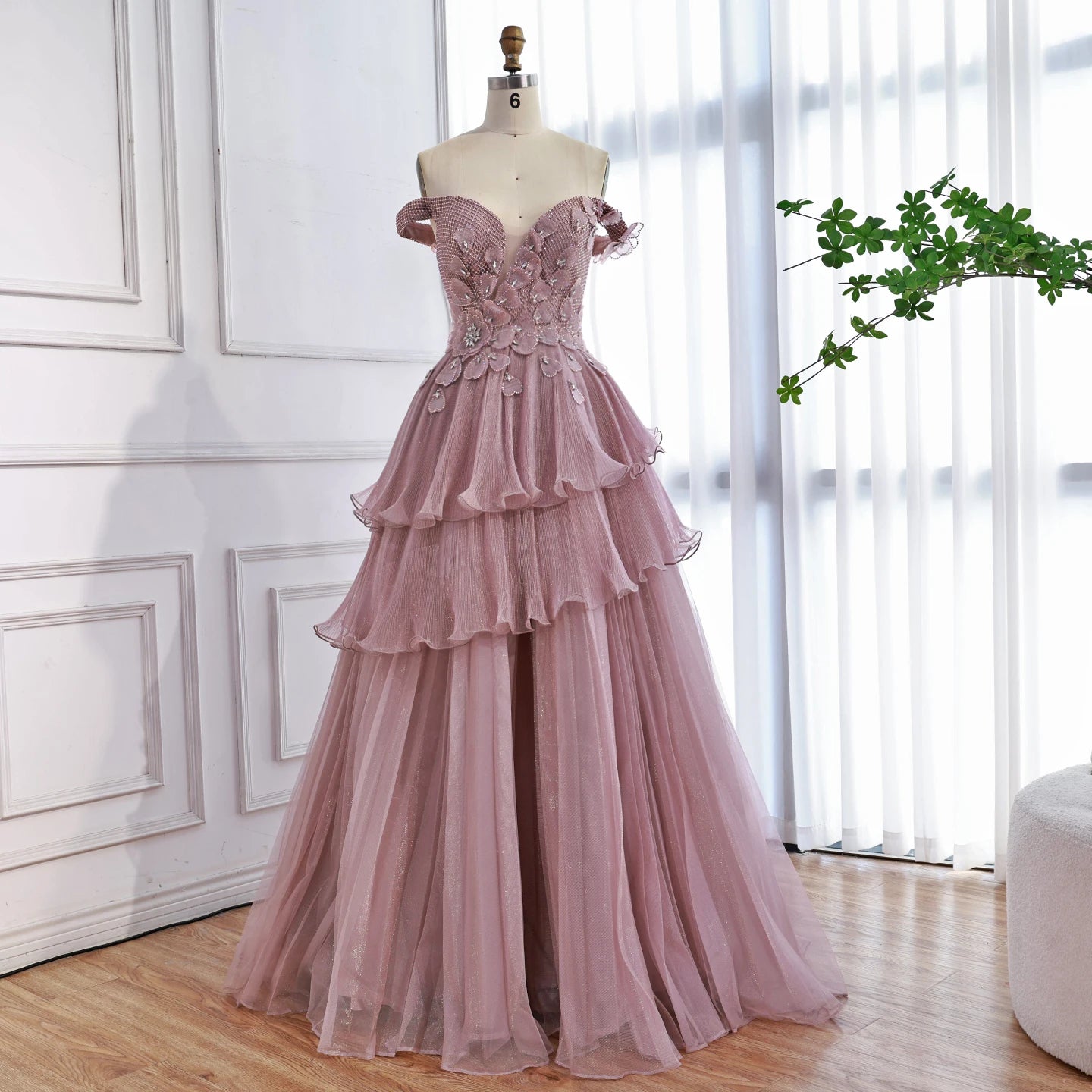 Luxury Pink Dreamy Ruffles Beaded A-Line Evening Dress LA73385