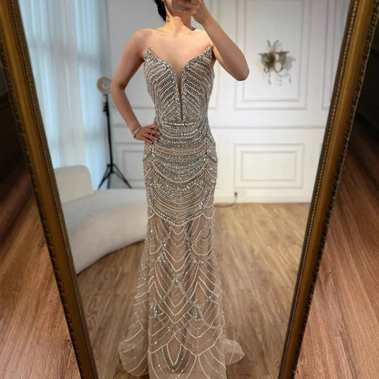Luxury Nude Silver Beaded Evening Gown with Crystals LA72900