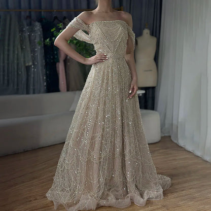 Luxury Beaded Champagne Off-Shoulder Evening Dress LA72738