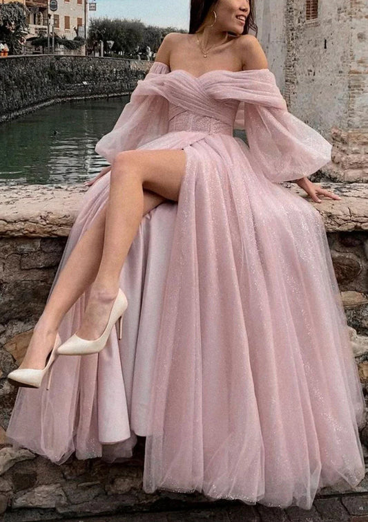 Serene Hill  Arabic Pink A-Line Off-the-Shoulder Side Split Luxury Dubai Prom Dress for Women's Party LA72677