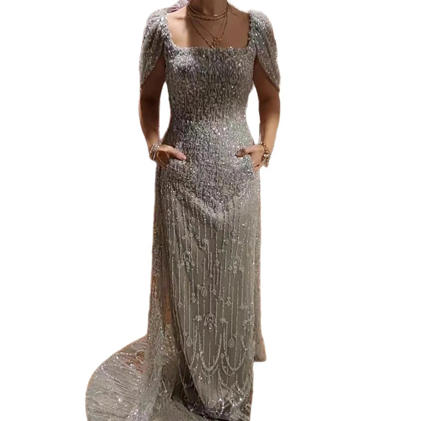 Luxury Turkish Grey Beaded Mermaid Evening Dress With Cape LA73357
