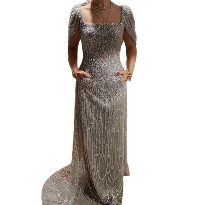 Luxury Turkish Grey Beaded Mermaid Evening Dress With Cape LA73357