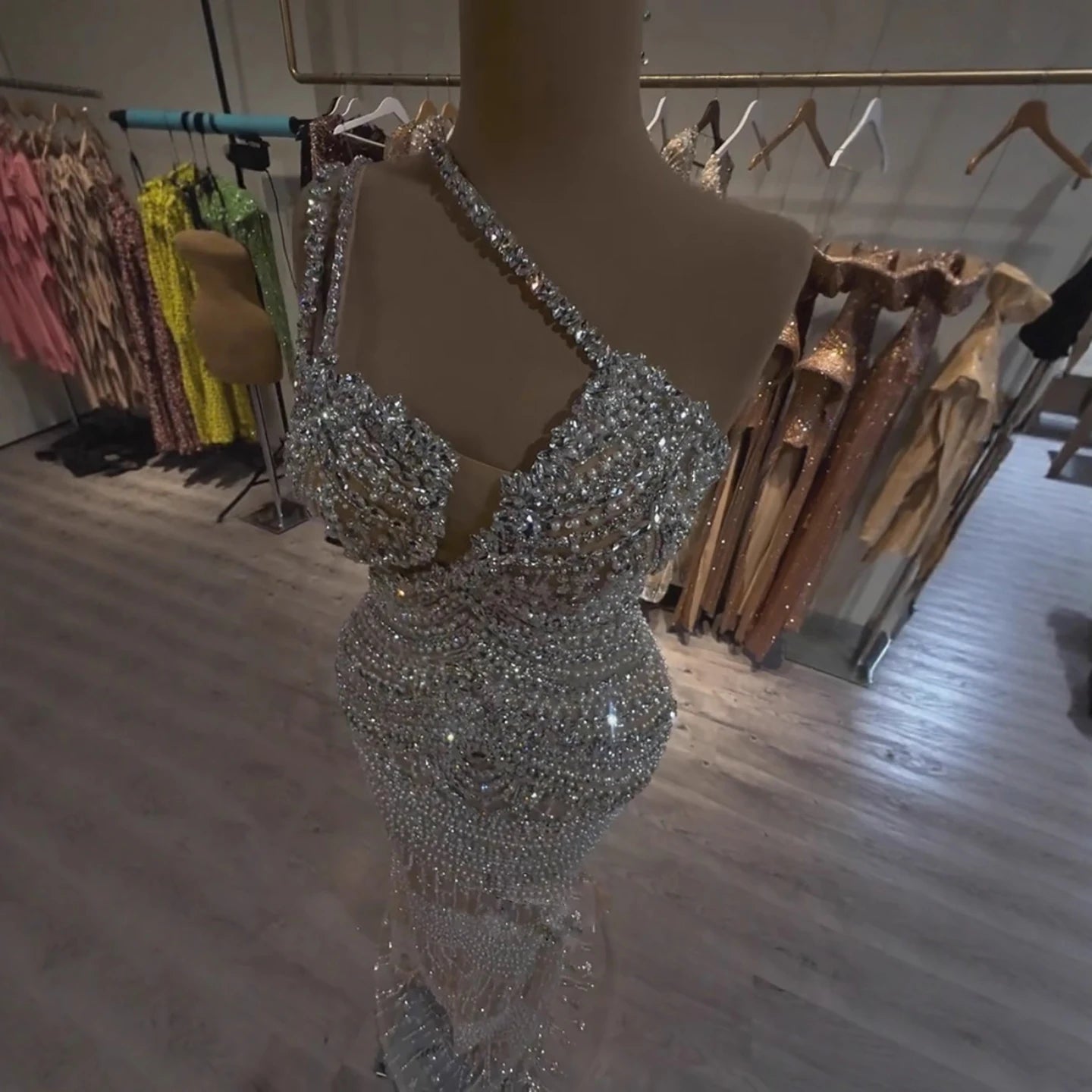 Luxury Silver Nude One Shoulder Pearls Beaded Gowns LA73371