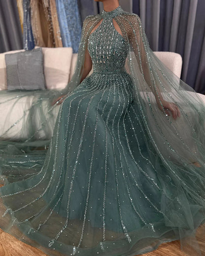 Luxury Turquoise A-Line Cape Sleeve Beaded Evening Dress Plus Size LA72306A