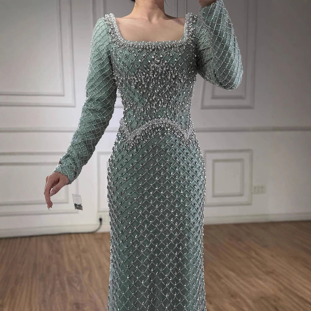 Modest Pearl Beaded Mermaid Evening Dress with Long Sleeves LA72919A