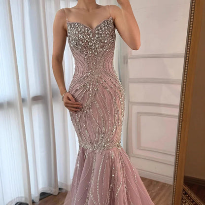 Luxury Pink Beaded Strapless Mermaid Evening Dress LA73124