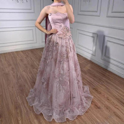 فستان سهرة فاخر وردي اللون مكون من قطعتين بتصميم A-Line مع كاب LA73415