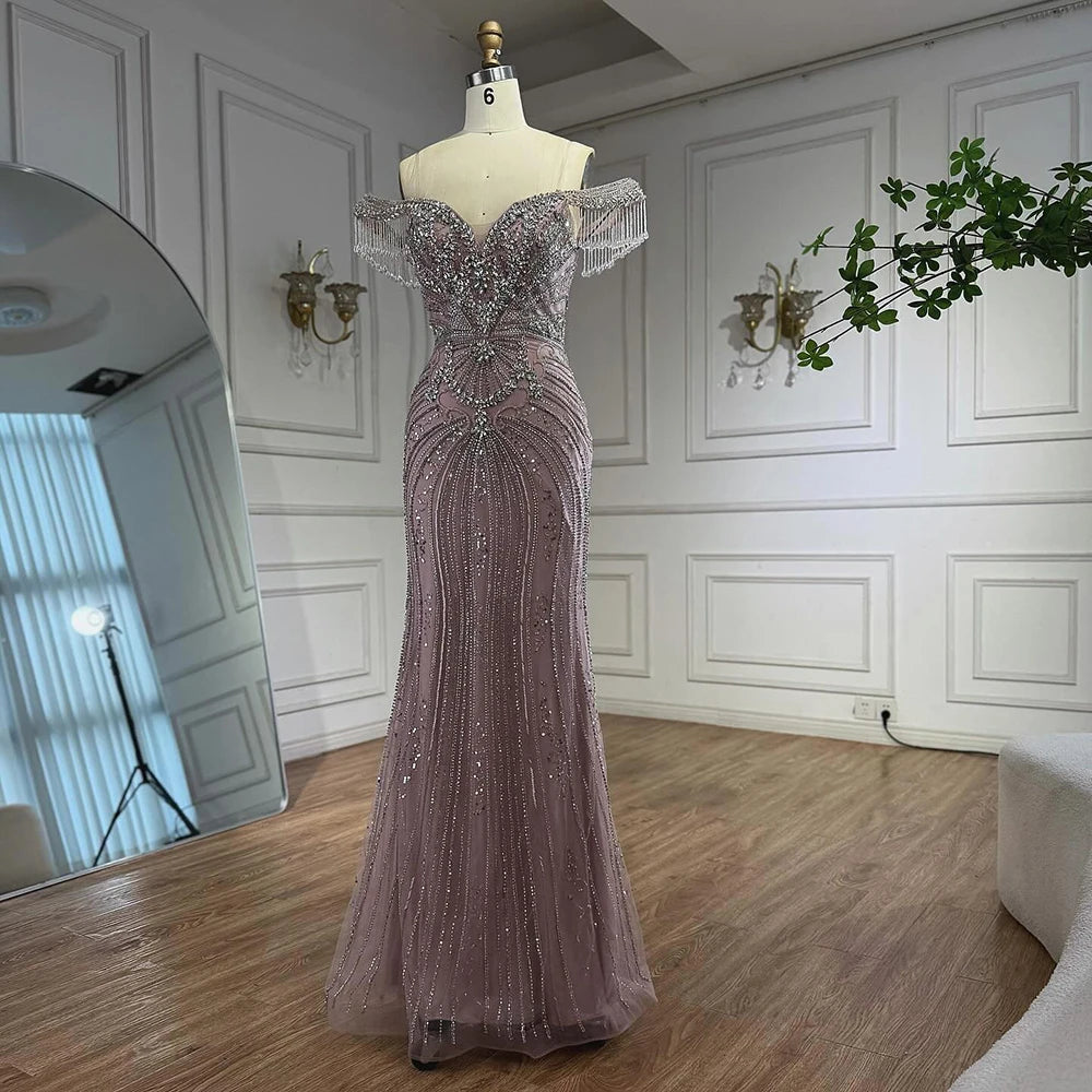 Luxury Pink Crystal Tassel Off Shoulder Evening Dress Dubai LA73204