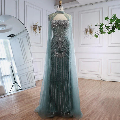 Luxury Turquoise Crystal Beaded Evening Dress with Cape LA73202