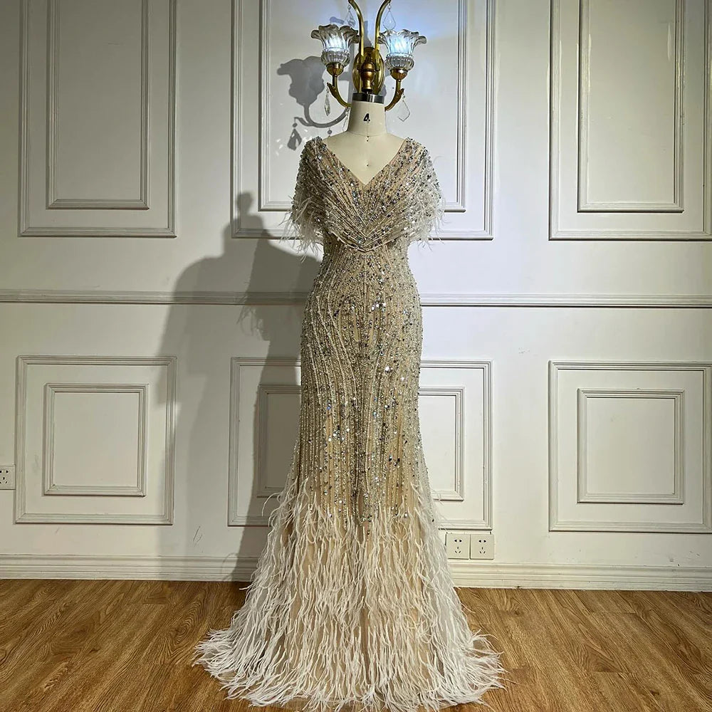 Luxury White Nude Beaded Feather Mermaid Evening DressLA72837