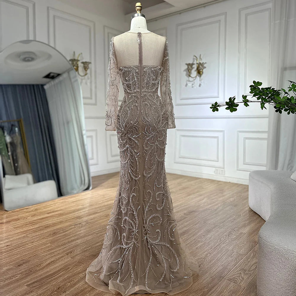 Luxury Dubai  Nude Mermaid Luxury Pearls Beaded Arabic Evening Gowns for Formal Occasion Dress LA72648