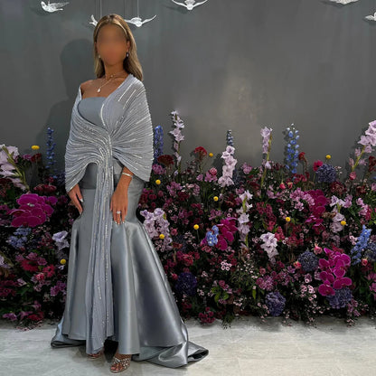 Luxury Dubai Grey Peach Arabic Evening Gown with Ruffles Shawl LA73270