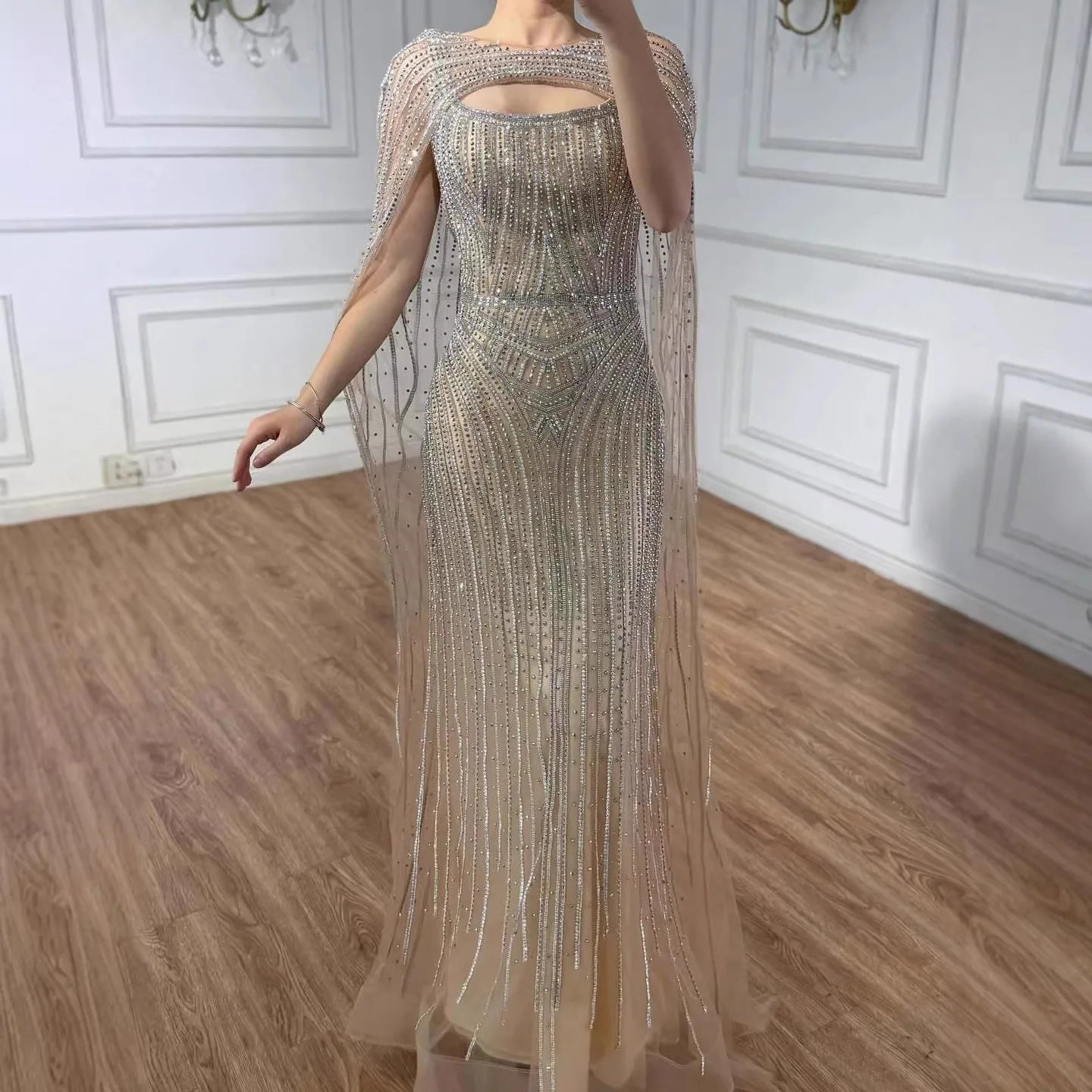 Luxury Blue Diamond Evening Dress With Cape LA73426