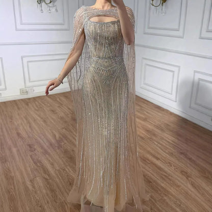 Luxury Blue Diamond Evening Dress With Cape LA73426