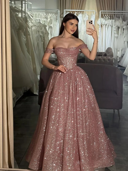Luxury Pink Sequin Off Shoulder Evening Dress Ball Gown LA73456