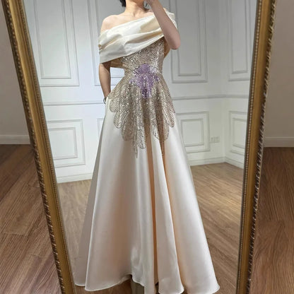 Luxury Pink Satin A-Line Beaded Evening Dress LA72195A