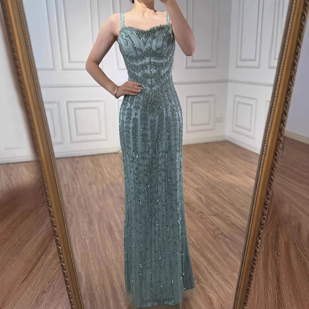 Luxury Arabic Blue Spaghetti Strap Mermaid Evening Dress Beaded LA72725