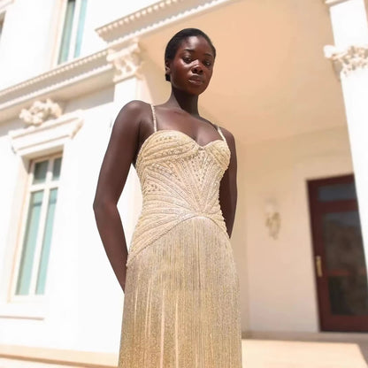 Luxury Arabic Gold Mermaid Beaded Tassel Evening Dress LA73446