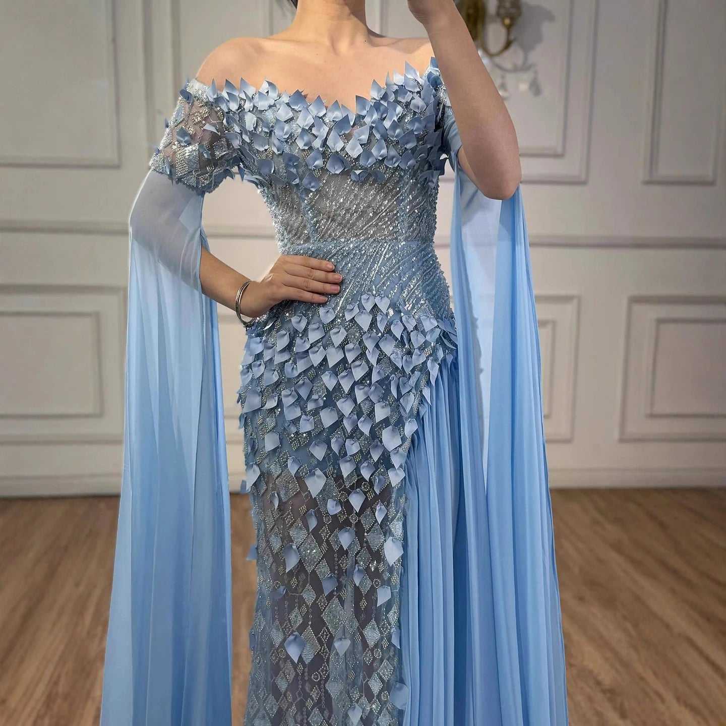 Luxury Dubai Blue 3D Flower Evening Dress With Cape LA73381