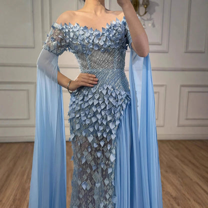Luxury Dubai Blue 3D Flower Evening Dress With Cape LA73381