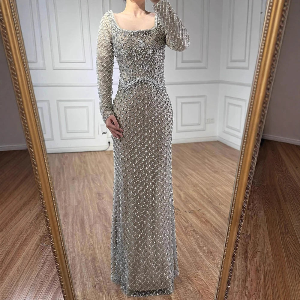 Modest Pearl Beaded Mermaid Evening Dress with Long Sleeves LA72919A