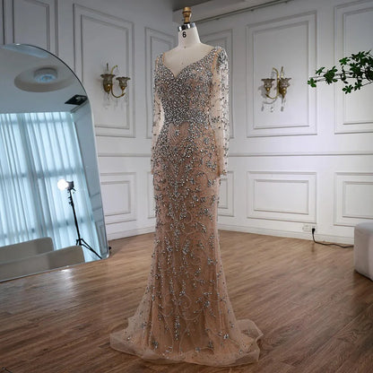 Luxury Nude Beaded Crystal Evening Dress with Long Sleeves LA73042