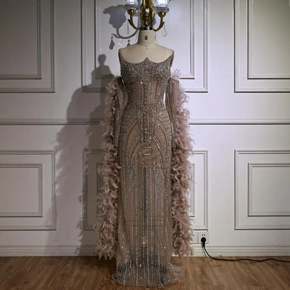 Luxury Caramel Beaded Evening Dress with Feather Sleeves LA73055