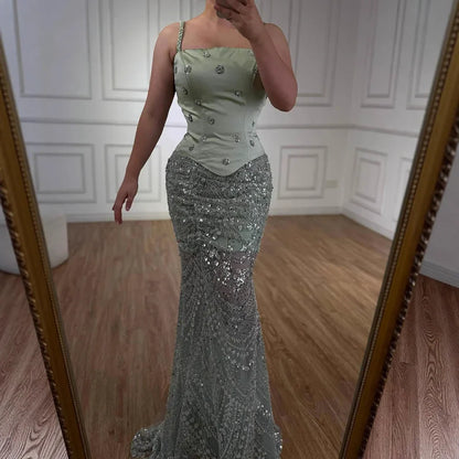 Luxury Sage Green Beaded 1 Pieces Evening Dress LA72977