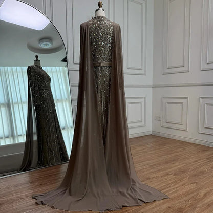 Modest Luxury Caramel Beaded Long Sleeve Evening Dress LA72569A